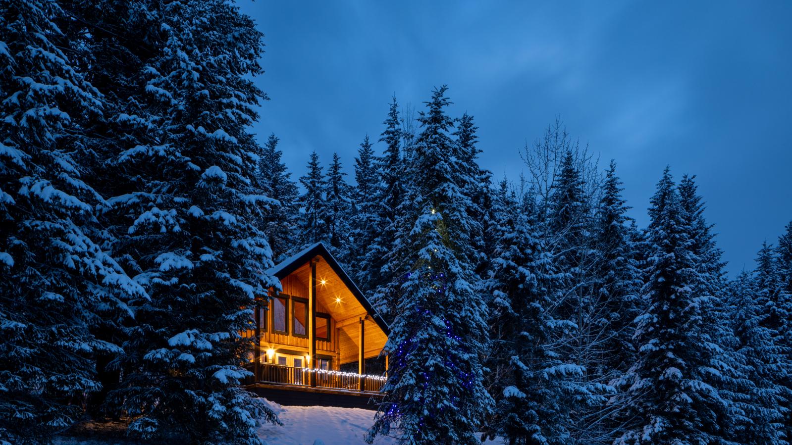 Outside view, front of lodge at dusk